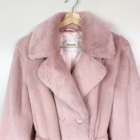 STAND STUDIO Fausta Jacket Faux Fur Colorblock Double Breasted Waist Tie M - Picture 5 of 16